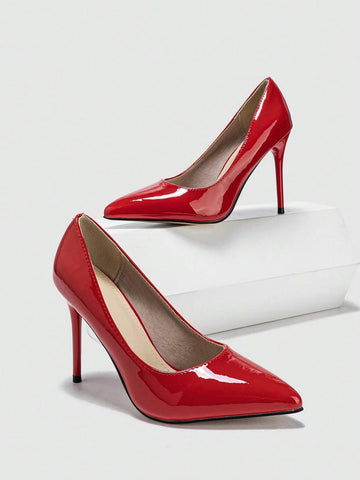 Women's Pointed Toe High Heel Shallow Mouth Shoes, Red Wedding Shoes For Autumn
