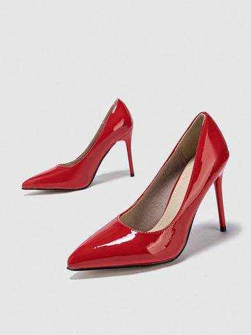 Women's Pointed Toe High Heel Shallow Mouth Shoes, Red Wedding Shoes For Autumn