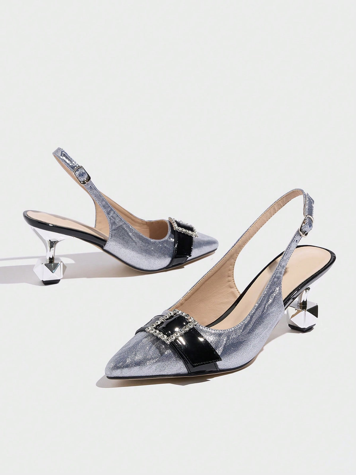 Women's Pointed Toe High Heel Shoes, Electroplated Shiny Crystal Embellished Mid Heel