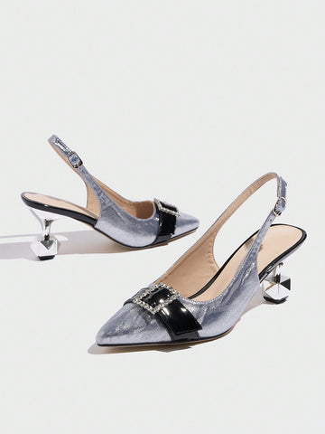 Women's Pointed Toe High Heel Shoes, Electroplated Shiny Crystal Embellished Mid Heel