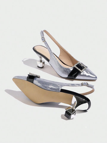 Women's Pointed Toe High Heel Shoes, Electroplated Shiny Crystal Embellished Mid Heel