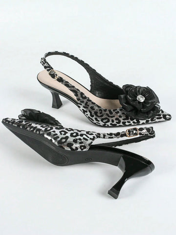 Women's Pointed Toe High Heel Shoes With Leopard Print, Metal Rhinestones, Butterfly 3D Floral Decor