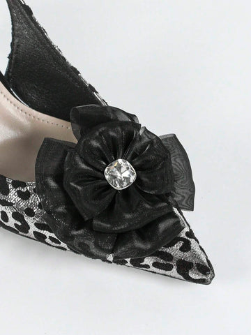 Women's Pointed Toe High Heel Shoes With Leopard Print, Metal Rhinestones, Butterfly 3D Floral Decor