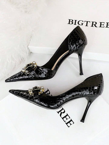 Women's Pointed Toe High Heeled Pumps With Gorgeous Rhinestone Decor