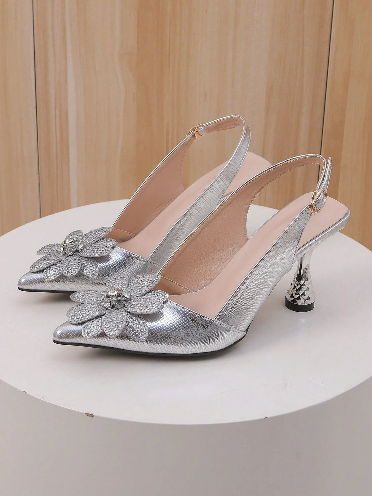 Women's Pointed Toe High Heels, Elegant Sexy Solid Color Rhinestone Buckle Decor Open Heel