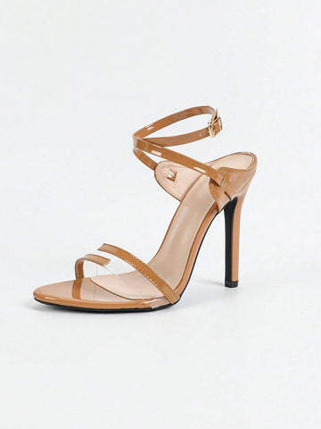 Women's Pointed Toe High Heels Glossy Leather Glass Glue Adjustable Ankle Strap Sandals, Sexy And Fashionable