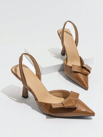 Women's Pointed Toe High Heels With Bow Decoration, Ankle Straps And Peep Toe Design, Fashionable Brown Pu Stiletto Shoes For Spring And Summer Parties