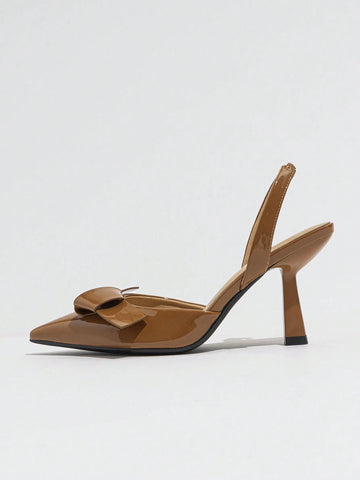 Women's Pointed Toe High Heels With Bow Decoration, Ankle Straps And Peep Toe Design, Fashionable Brown Pu Stiletto Shoes For Spring And Summer Parties