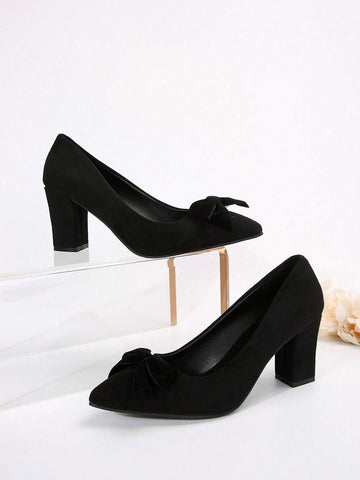 Women's Pointed Toe High Heels With Cute Bow Decor, Elegant Elegant, Versatile Black Low-Cut Spring/Autumn