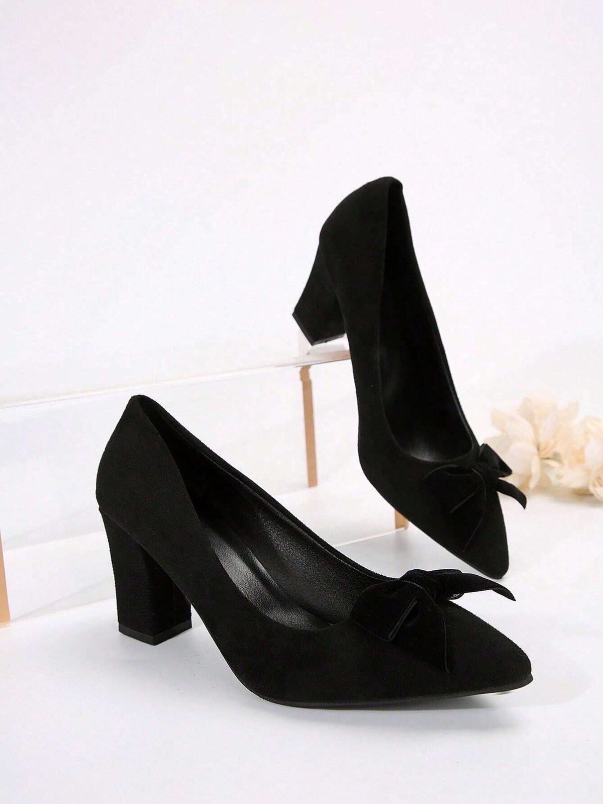 Women's Pointed Toe High Heels With Cute Bow Decor, Elegant Elegant, Versatile Black Low-Cut Spring/Autumn