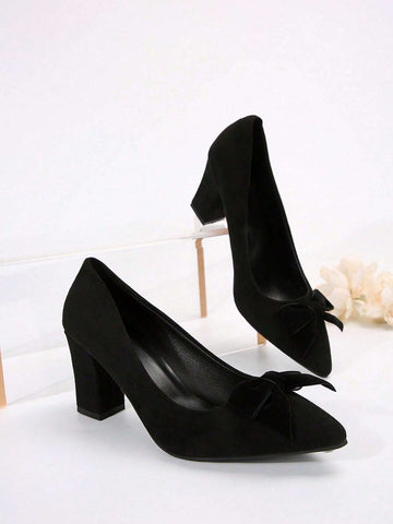 Women's Pointed Toe High Heels With Cute Bow Decor, Elegant Elegant, Versatile Black Low-Cut Spring/Autumn