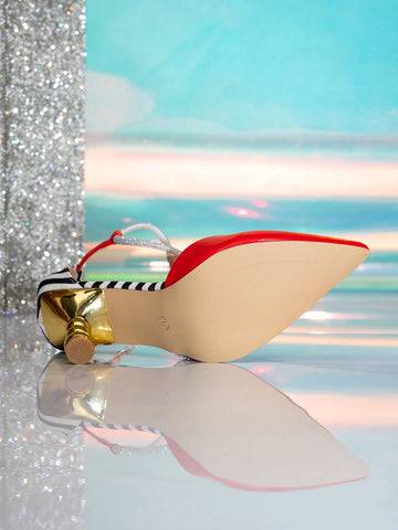 Women's Pointed Toe Hollow-Out Rhinestone Embellished Asymmetric Metallic