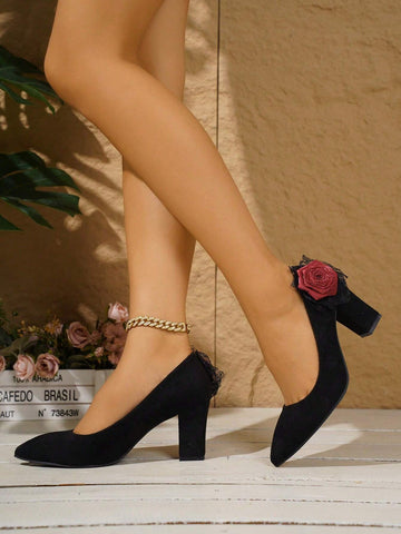 Women's Pointed Toe Low-Cut Pump Shoes With 3D Lace Rose Decoration, Elegant & Sexy High Heel Slip-On