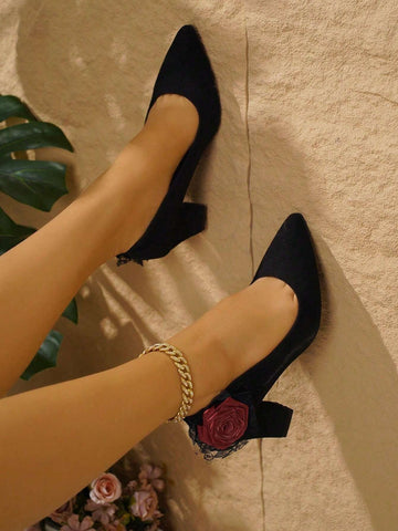 Women's Pointed Toe Low-Cut Pump Shoes With 3D Lace Rose Decoration, Elegant & Sexy High Heel Slip-On