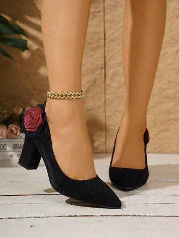 Women's Pointed Toe Low-Cut Pump Shoes With 3D Lace Rose Decoration, Elegant & Sexy High Heel Slip-On