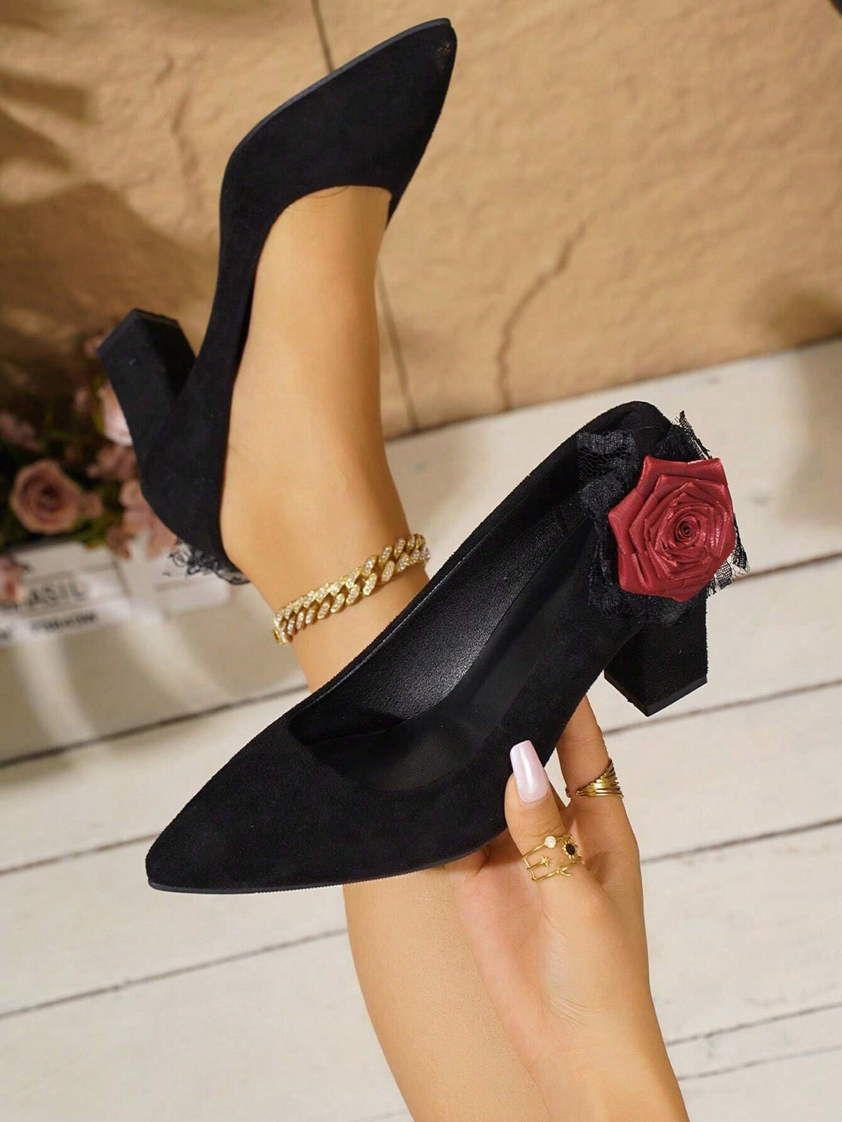 Women's Pointed Toe Low-Cut Pump Shoes With 3D Lace Rose Decoration, Elegant & Sexy High Heel Slip-On