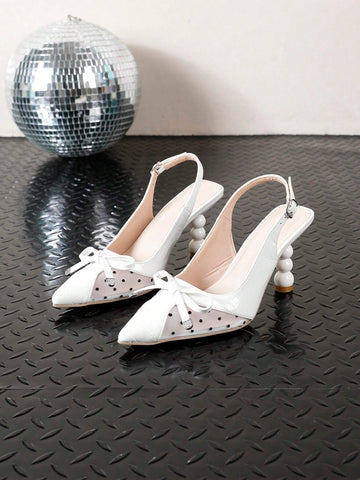 Women's Pointed Toe Mesh Bow Hollow Back Strap Asymmetric White