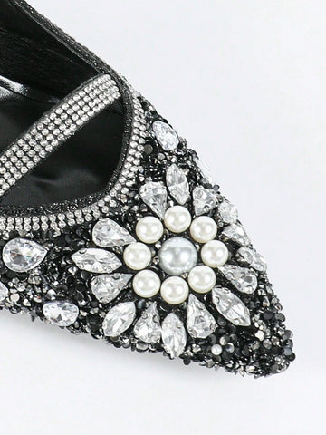 Women's Pointed Toe, Metallic Heeled, Glamorous Fashion Comfortable Shiny Pearl, Rhinestone Decor,