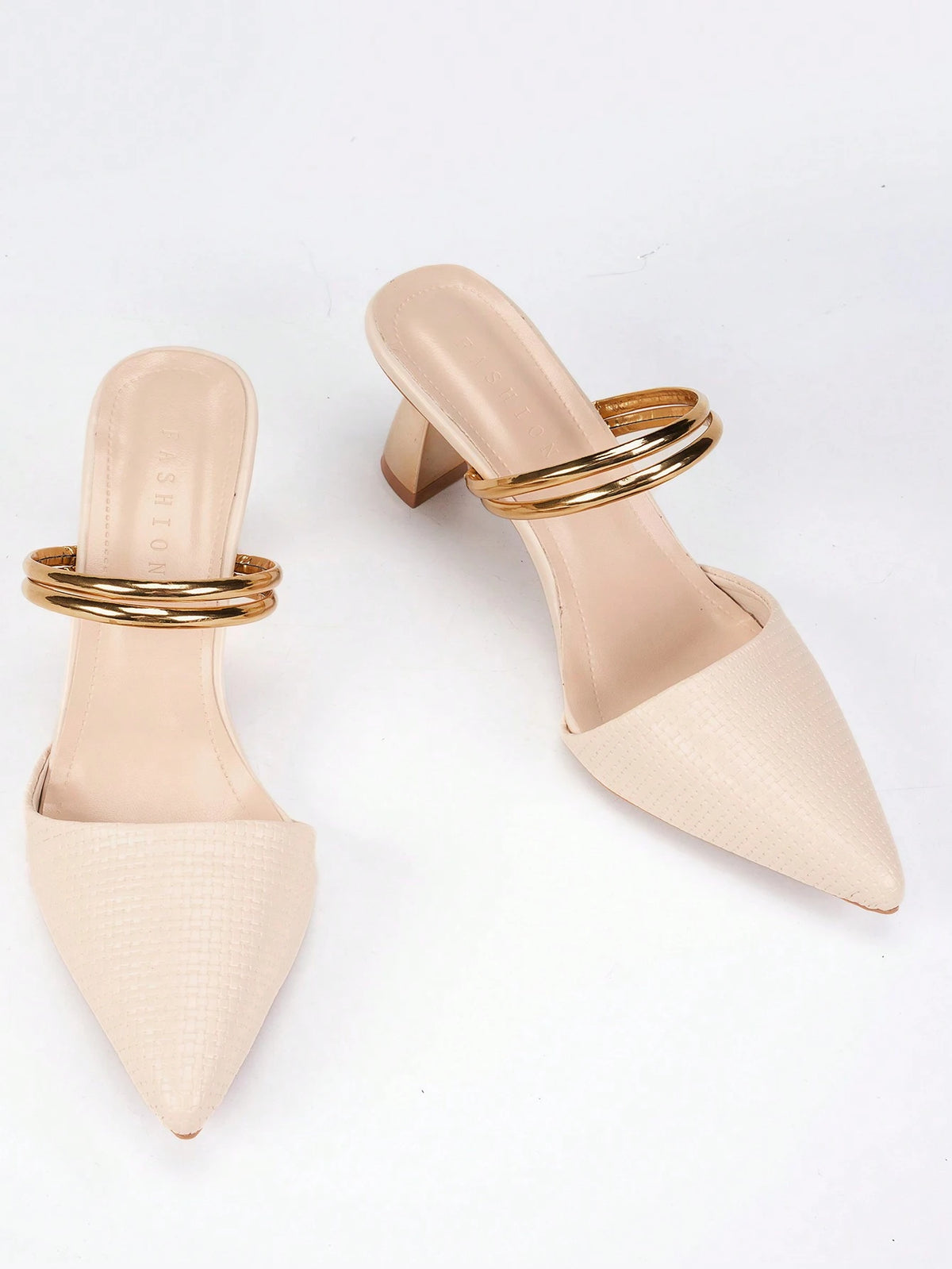 Women's Pointed Toe Mule Slippers With Gold Circle Strap Design, Beige Color