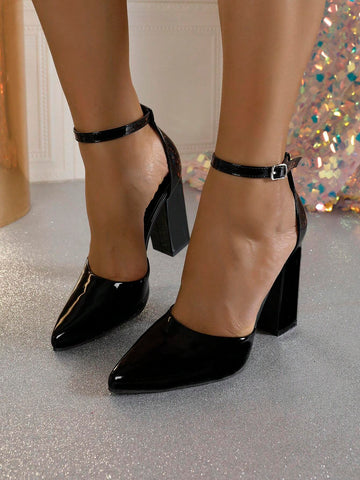 Women's Pointed Toe Patent Leather Cut-Out Block Heel Pumps, Black