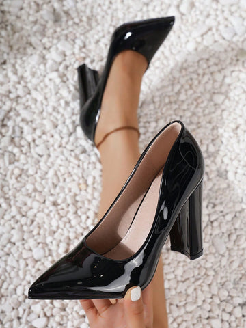 Women's Pointed Toe Patent Leather Sandals With Chunky Heels, French Style For Summer,