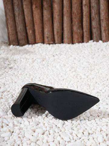 Women's Pointed Toe Patent Leather Sandals With Chunky Heels, French Style For Summer,