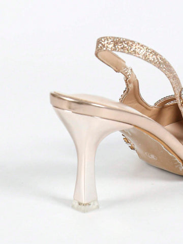 Women's Pointed Toe Pumps, Metal Electroplated Heels, Glamorous Fashion Comfortable Shiny Pearl & Rhineston