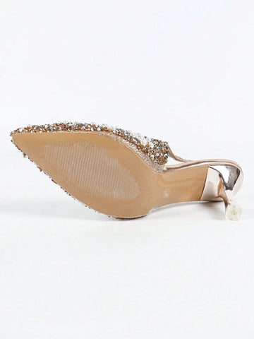 Women's Pointed Toe Pumps, Metal Electroplated Heels, Glamorous Fashion Comfortable Shiny Pearl & Rhineston