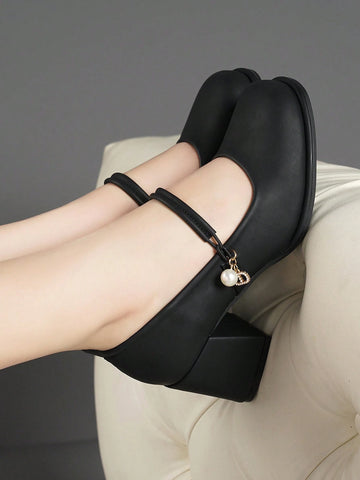 Women's Pointed Toe Shallow One-Strap Buckle Casual Black Leather Shoes, Spring Autumn New Arrival
