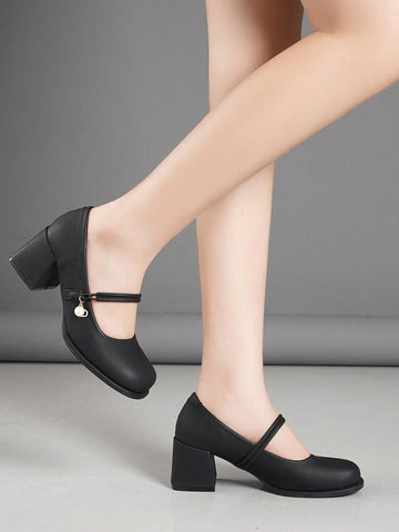 Women's Pointed Toe Shallow One-Strap Buckle Casual Black Leather Shoes, Spring Autumn New Arrival