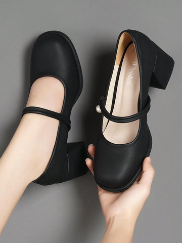 Women's Pointed Toe Shallow One-Strap Buckle Casual Black Leather Shoes, Spring Autumn New Arrival