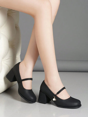 Women's Pointed Toe Shallow One-Strap Buckle Casual Black Leather Shoes, Spring Autumn New Arrival