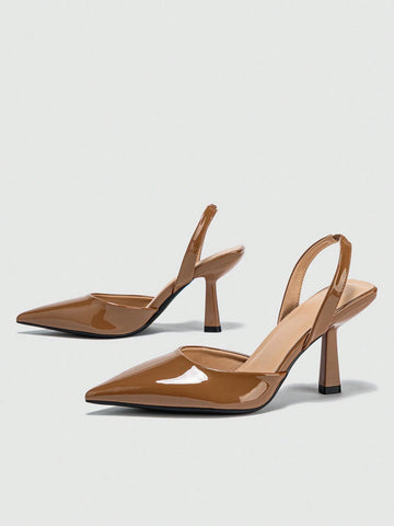 Women's Pointed Toe Slip-on Backless Pumps, Minimalist Style Spring/autumn Outdoor Commuting Light Brown Pu High-heeled Shoes