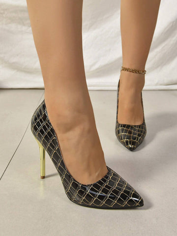 Women's Pointed Toe Snake Skin Print Stiletto Heels, Fashionable And Sexy, Suitable For All Season