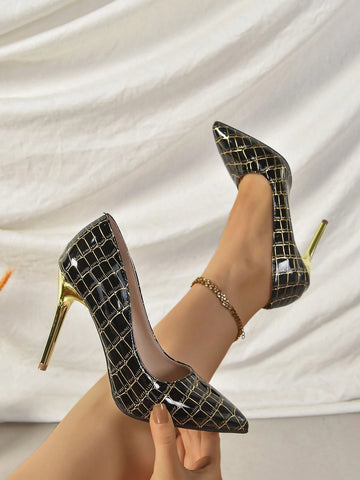 Women's Pointed Toe Snake Skin Print Stiletto Heels, Fashionable And Sexy, Suitable For All Season