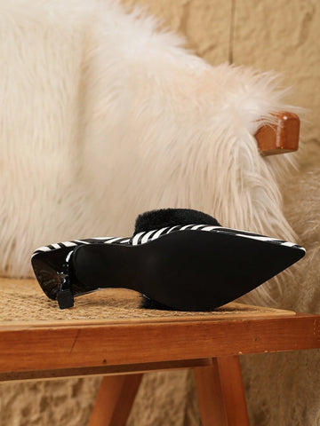 Women's Pointed Toe Zebra Striped High Heel Pumps With Fur Decor