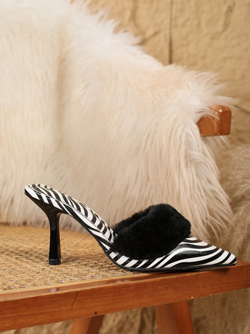 Women's Pointed Toe Zebra Striped High Heel Pumps With Fur Decor