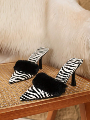 Women's Pointed Toe Zebra Striped High Heel Pumps With Fur Decor