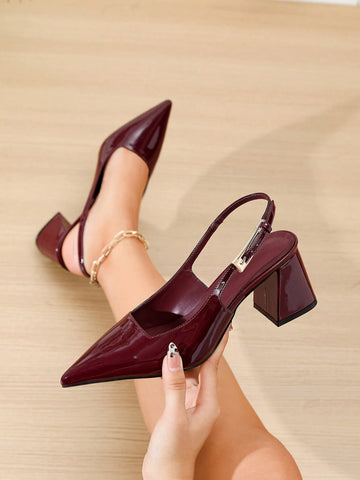 Women's Pointy Toe Chunky Heel Glossy Patent Leather Metal Buckle Slingback Pumps