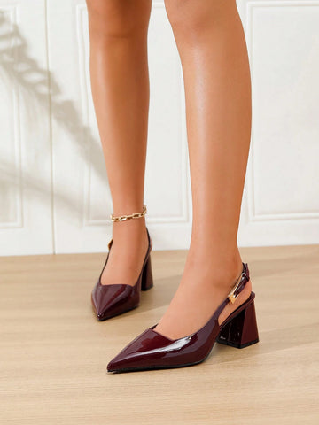 Women's Pointy Toe Chunky Heel Glossy Patent Leather Metal Buckle Slingback Pumps