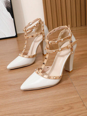 Women's Pointy Toe Rivet Decor Hollow-Out Block Heels Dress Pumps