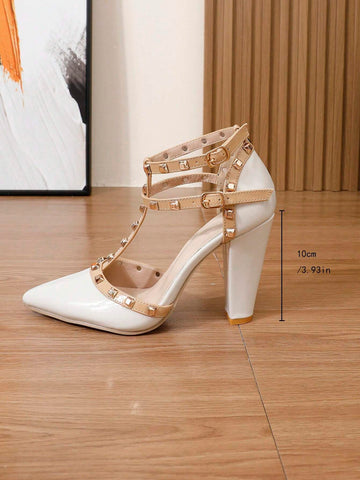 Women's Pointy Toe Rivet Decor Hollow-Out Block Heels Dress Pumps