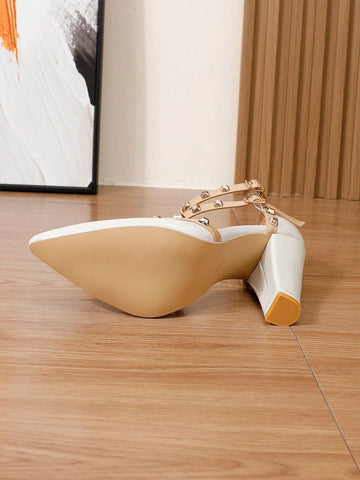 Women's Pointy Toe Rivet Decor Hollow-Out Block Heels Dress Pumps