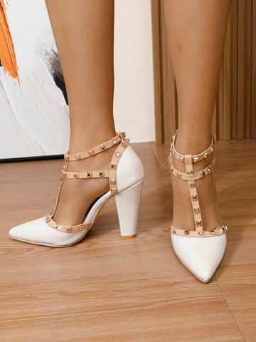 Women's Pointy Toe Rivet Decor Hollow-Out Block Heels Dress Pumps