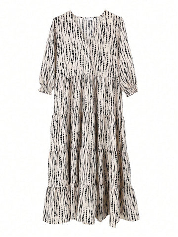 Women's Polka Dot Print V-Neck Midi Dress With Mid-Length Sleeves