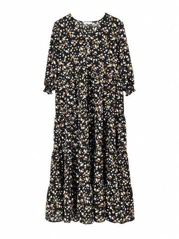 Women's Polka Dot Printed V-Neck Mid-Sleeve Long Dress