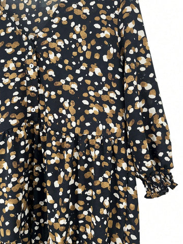 Women's Polka Dot Printed V-Neck Mid-Sleeve Long Dress