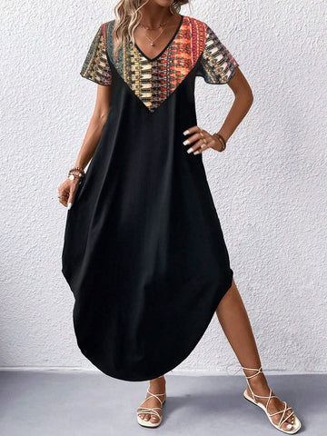 Women's Printed Patchwork Curve Hem Dress