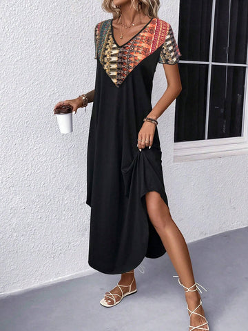 Women's Printed Patchwork Curve Hem Dress