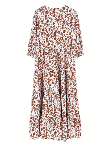 Women's Printed Polka Dot V-Neck Mid-Sleeve Long Dress